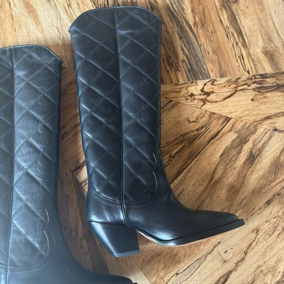 Sandro Quilted Leather Tall Cowboy Boots in Black - Picture 3 of 9